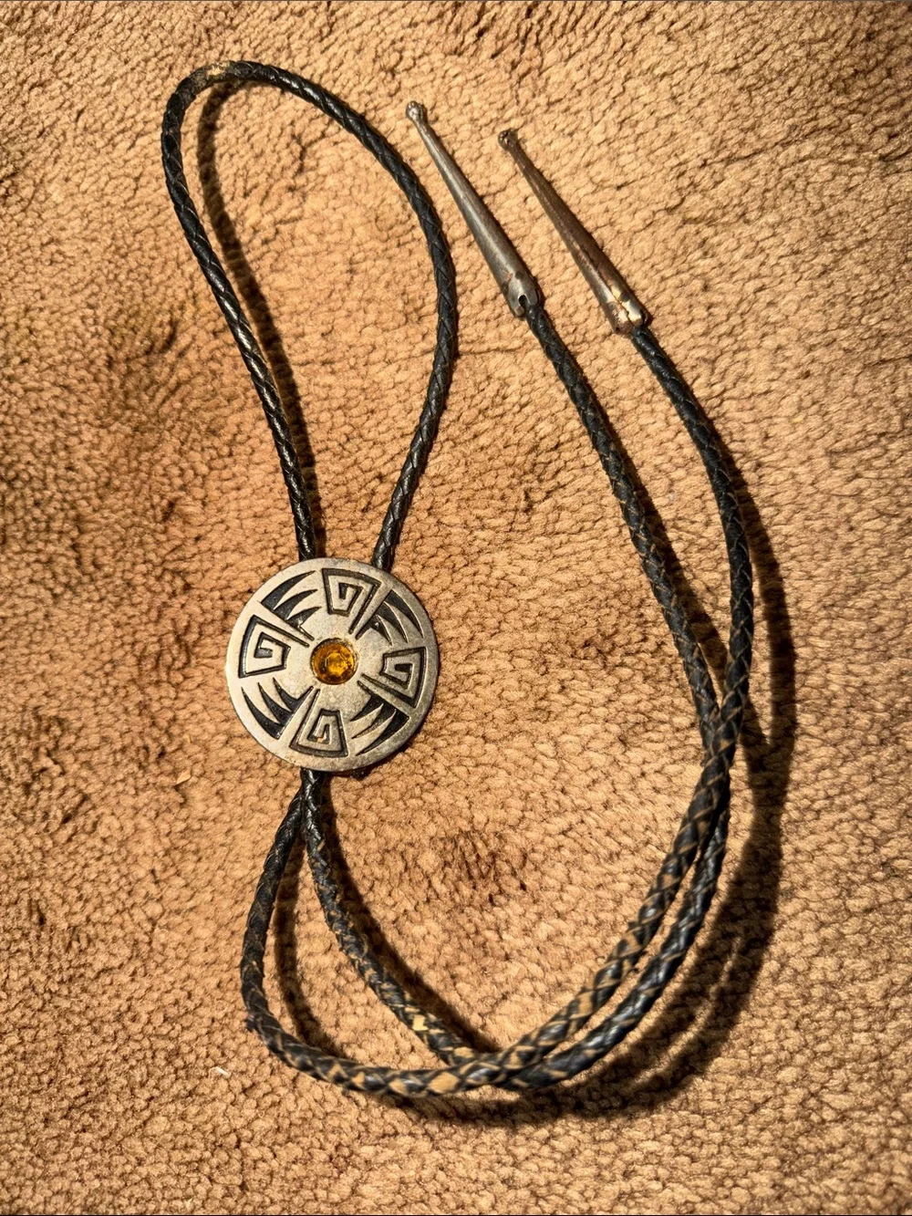 Bolo Tie Men's OS Silver Black Good Western Southwestern Geometric Amber